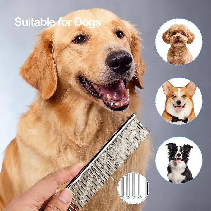 Dog Comb for Grooming Matting, ddoutot Cat Domb with Rounded Ends Stainless Steel Teeth, Metal Comb for Dogs-Long and Short Haired such as Greyhound Poodle Doodle and Pet Cat, 7.4"/Sliver