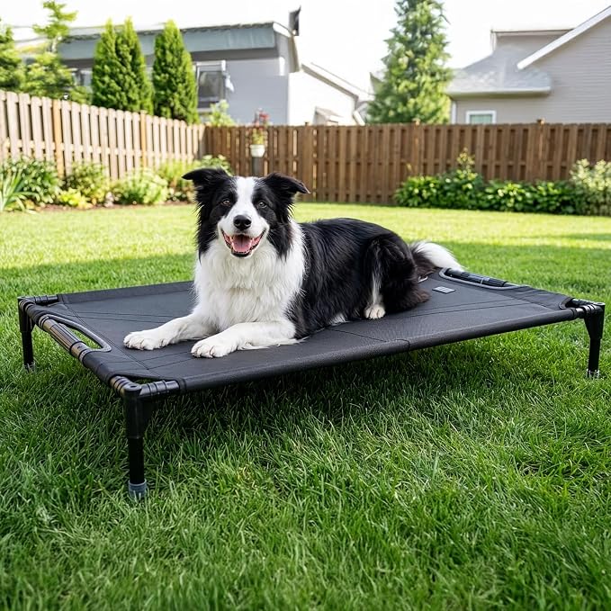 Petsfit 42 Inch Elevated Dog Bed for Large Dogs, Patented Anti-Sag Cot | Patented anti-sag tension bar, cooling Teslin mesh, dual support straps, tool-free setup and non-slip feet; up to 80 lb.