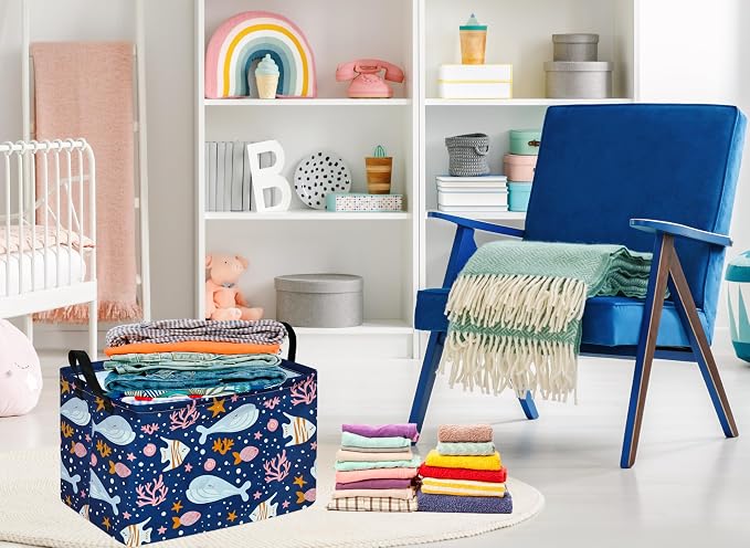 Rectangle Gift Storage Basket Home Shelf Storage Basket Organizer Box Clothes Laundry Hamper Nursery Basket Laundry Basket with Handles (Whale)