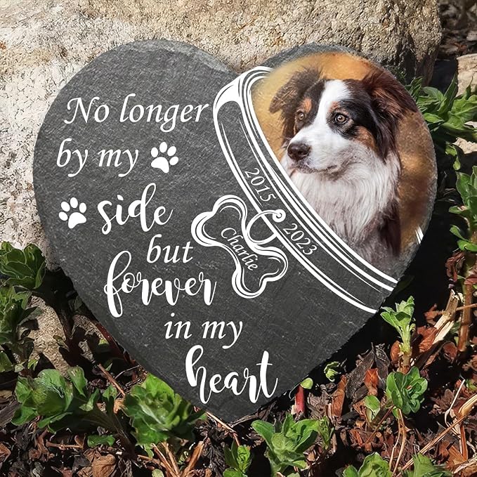 Wrappiness Pet Memorial Stone - Forever in My Heart, Personalized Dog Memorial Gifts, Remembrance Condolences Bereavement Gifts for Loss of Pet Custom Photo (Heart 05, Stone with Stand)