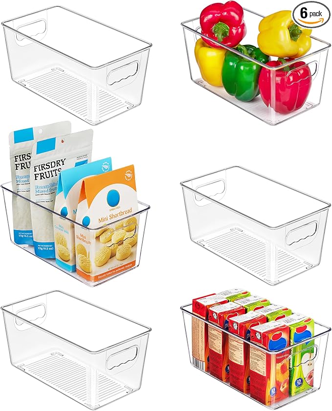 Vtopmart 6 Pack Clear Storage Bins, Pantry Storage Bins with Handle, Small | Plastic Pantry Organizer Containers for Kitchen, Refrigerator, Fridge, Cabinet, Countertops, Home Organization and Storage