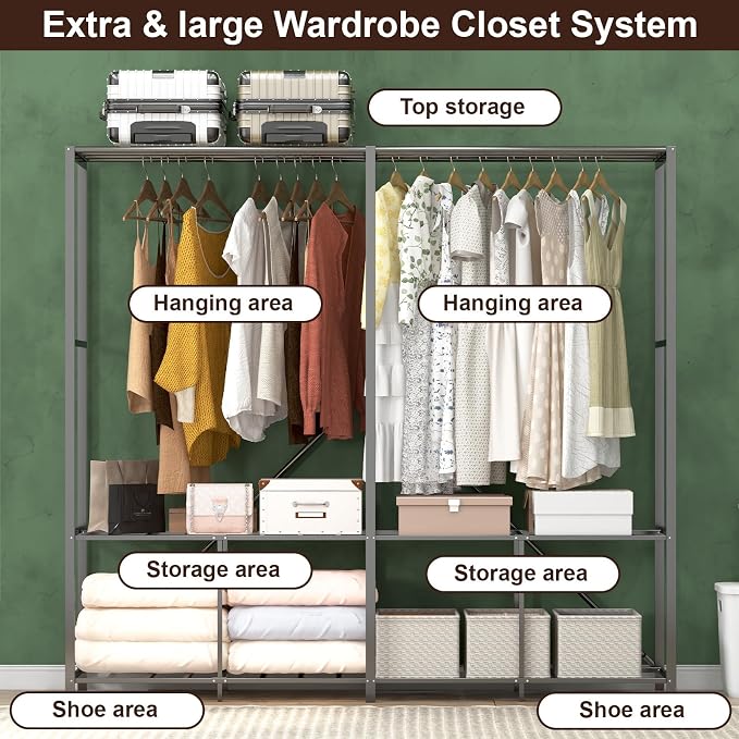 Umeiga Heavy Duty Portable Closet with Cover 1200Ibs Foldable Covered Clothes Rack for Hanging Armoire Wardrobe Closet System Freestanding Coat Storage Garment Racks (150cm/59in Gray)