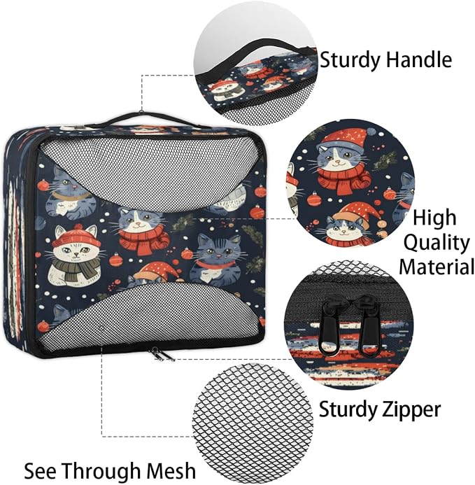 Packing Cubes for Travel, Woodland Holly Christmas Holiday Travel Luggage Packing Organizers for Women Men, Large Custom Toiletries Bag for Cosmetics Toiletries, Cute Cat