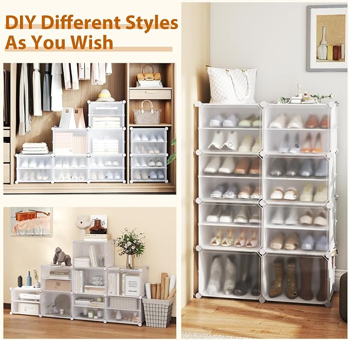 GOFLAME Portable Shoe Rack Organizer, 48 Pairs Expandable Modular Shoe Storage Cabinet with Doors, Adjustable Panels, 8-Tier DIY Shoe Shelves for Closet, Hallway, Entryway, Easy Assembly, White