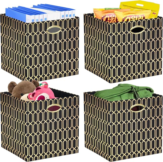Posprica Storage Bins, Storage Cubes,13×13 Fabric Drawers Organizer Basket Boxes Containers (13×13×13/4pcs, Black/gold geometry Pattern)