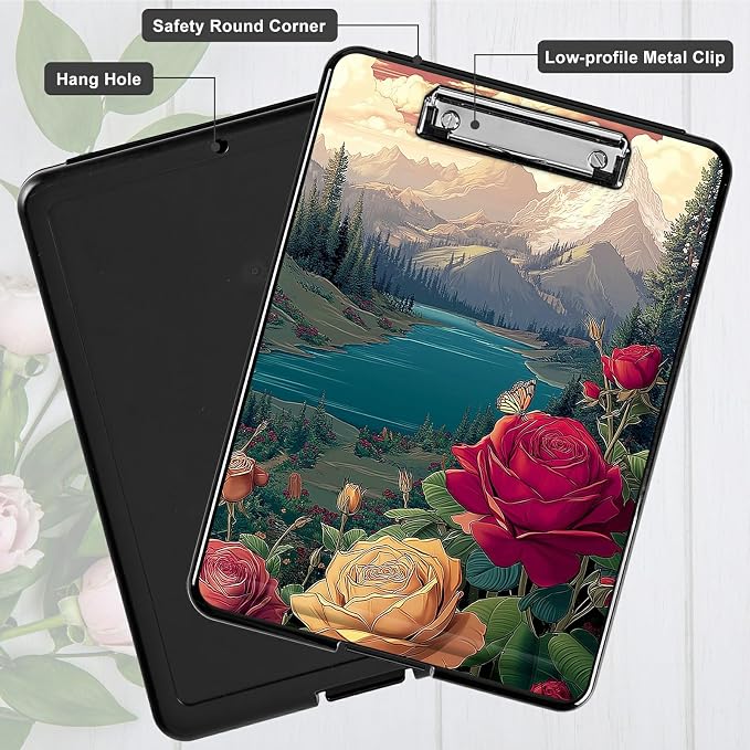 Heavy Duty Storage Clipboard, Slim Nursing Clipboard with Internal Pen Case, Portable File Organizer Case for A4 Letter Size Paper Office Medical Professionals, Rose Mountain Clouds