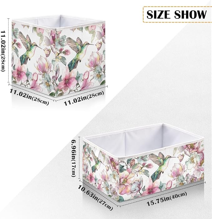 Hummingbird Cube Storage Bins Watercolor Floral Collapsible | Fabric Storage Baskets Large Clothes Organizer Box for Bedroom Living Room Study Room 11×11×11 In