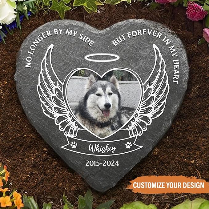 Wrappiness Pet Memorial Stone - No Longer by My Side Forever in My Heart, Personalized Dog Memorial Gifts, Remembrance Condolences Bereavement Gifts for Loss of Pet Custom Photo (Heart 04, Stone)