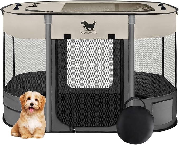 Dog Playpen, Foldable Kitten Playpen for Medium Dogs, Portable Pet Puppy Playpen with Removable Shade Cover, Indoor Outdoor Travel Camping Use for Small Pets with Carrying Case (S, Grey)