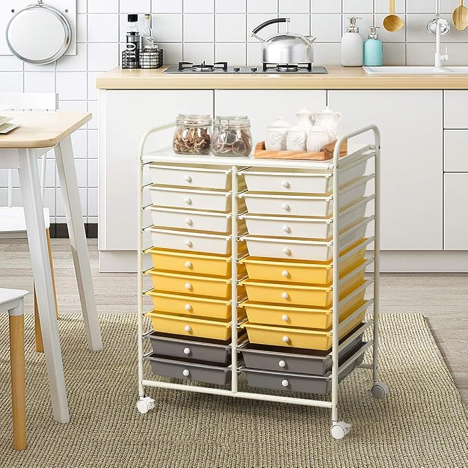 20 Drawer Rolling Storage Cart, Art Cart Organizer with Wheels for Makeup, Tool, Paper, Multipurpose Craft Storage Cart with Drawers for Office, Home, Classroom, Teacher, School (Yellow)