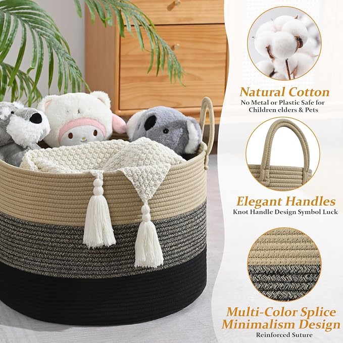 67L Large Woven Blanket Basket, Cotton Rope Baby Laundry Hamper with Handles, Kids Toy Basket for Classroom & Nursery, Soft Round Stuffed Animal Storage, Dog Toy Bin - 20"x13", Black & Brown