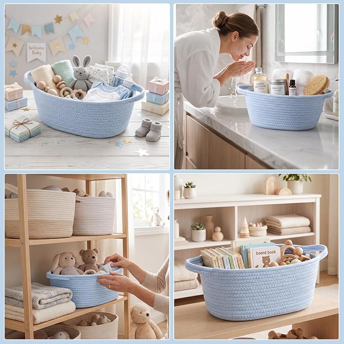 Baby Boy Woven Gift Basket for Gifts Empty Blue Storage Basket | Soft Cotton Rope for Organizing Raffle Events Baby Shower Nursery Bathroom Pet Toys Shelf Table Closet Storage