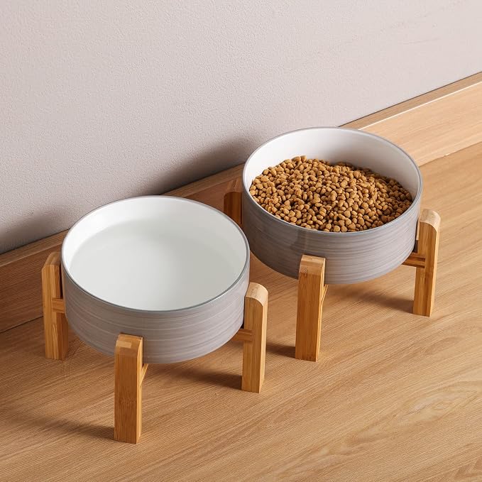 Elevated/Raised Dog Bowl Ceramic with Wood Stand for Medium Large Breed,Dog Food Water Dish Heavy Weighted,8 in Non Slip Modern Cute Porcelain Pet Bowl Extra Large Grey White
