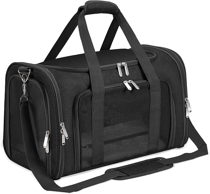 Soft-Sided Cat/Dog/Pet Carrier, Collapsible Pets Travel Carriers | For Big Cats/Small Dogs with Shoulder Strap & Removable Mat, Mesh Puppy Carry Bag, Up to 25 Lbs, TSA Airline Approved(Black)