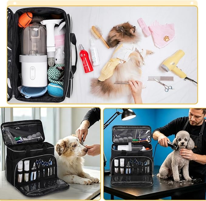 Dog Cat Grooming Bag for Vacuum,Scissors,Dog Grooming Kit Supplies | Portable Pet Grooming Supplies Organizer Tote Bag for Dogs Cats Grooming Kit Trimmer Tool Accessories Black (Bag Only)