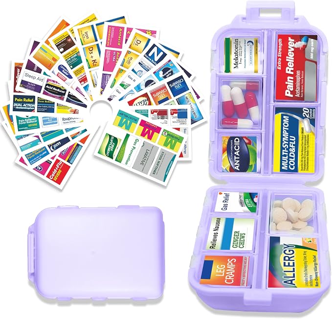 Large Pill Organizer with 146 Medicine Labels, Purple Travel Pill Case | Large 10-compartment pill case with 146 labels for vitamins, supplements, daily meds, 7-day planning, work, travel, and home