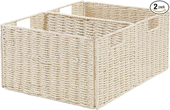 Vagusicc Wicker Storage Basket, Set of 2 Hand-Woven Paper Rope Wicker Basket, Small Storage Baskets for Organizing Toilet Paper Baskets, Foldable Large Cube Storage Organizer Bin for Shelves (Beige)