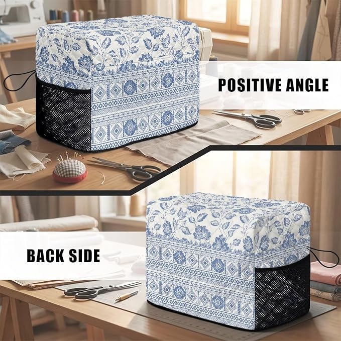 Sewing Machine Cover Polyester Febric Blue White Floral Ethnic | Dust Pet Hair Protection,Quilting Design,Fits Standard Singer,Brother Janome Machines,Protecting Decorating Your Sewing Space
