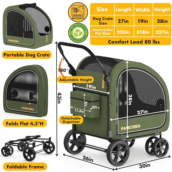 PAWZIDEA 3-in-1 Large Dog Stroller with Detachable Carrier, 45% Extra Tall | Dog Crate Car Travel for 2 Medium Dogs Sit Upright, Foldable Jogger Pet Stroller All-Terrain, Adjustable Handle, Up to 100lbs