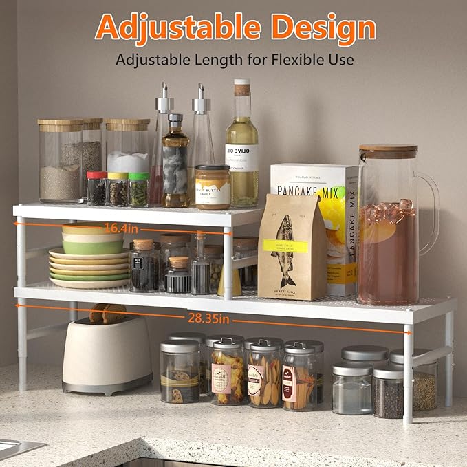 2 Pack Expandable adjustable stackable kitchen organizer,Spice Racks,Counter Shelf for Cabinets,Small Cupboard Organizers,Heavy Duty Metal Pantry Storage Shelves Racks for kitchen,cabinet, bathroom