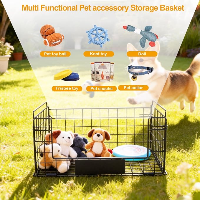 Metal Dog Toy Basket with Handles, Chew-Proof Large Pet Toy Storage Bin, Foldable Dogs Organizer Box for Living Room, Personalized Rustic Toy Holder (Black)