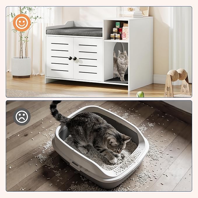 Cat Litter Box Enclosures, Large Hidden Cat Litter Box Furniture with Double Door, Wooden End Table Litter Box Cabinet with Storage Shelf, Cushion & Litter Mat, Dog Proof Design, Modern Cat House