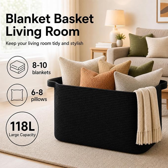 OIASKET 118L Extra Large Blanket Basket Living Room, 24.8"x17.7"x16.2" | Woven Rope Baskets for Storage, Nursery Blanket Storage for Living Room, Toy Basket with Handle Organizing Comforter Pillows