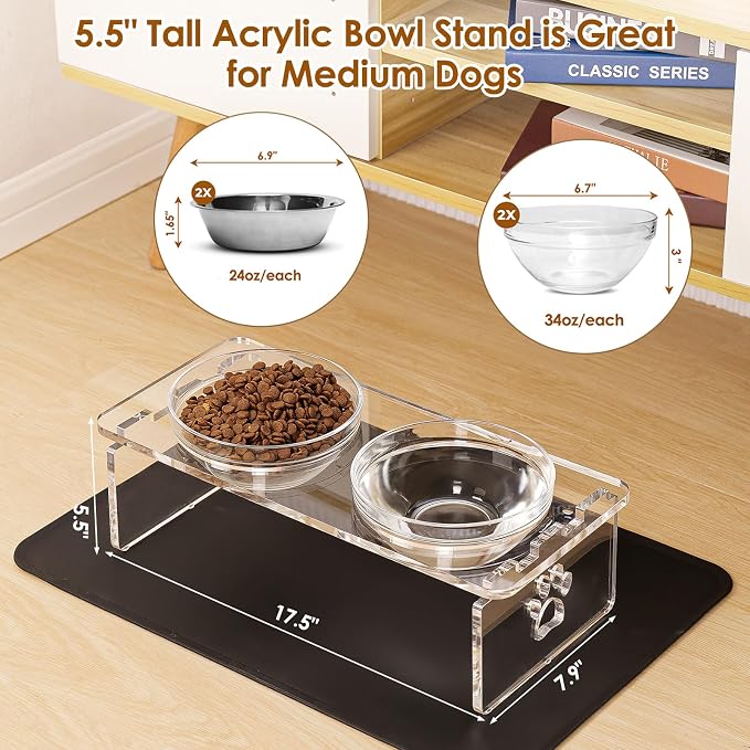 Elevated Dog Bowls for Medium Dogs – 5.5” Acrylic Raised Pet Feeder Stand with 2 Stainless Steel & 2 Glass Removable Bowls – Food & Water Dish Set
