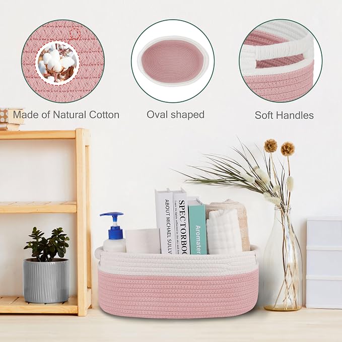 Small Woven Gift Basket with Bag & Ribbons, Dusty Pink | Cotton Rope, 13”x 9”x 5.5”, Fits for Kids, Women & Men, Bedroom, Living Room, Nursery & Bathroom Storage, Cat & Dog Toy Boxes