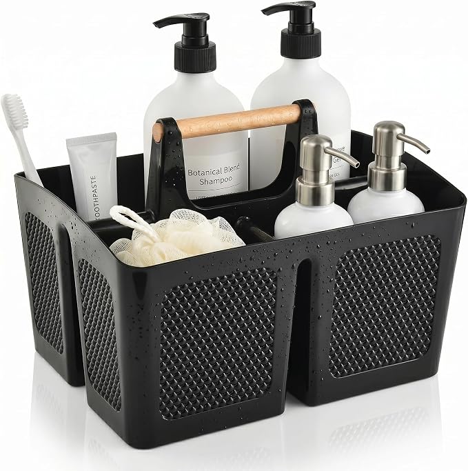 Haundry Plastic Shower Caddy with Wooden Handle, Portable 3-Compartment Bathroom Organizer Basket with Drainage Holes, Quick Dry Shower Basket for Dorm, College, Cleaning Supplies