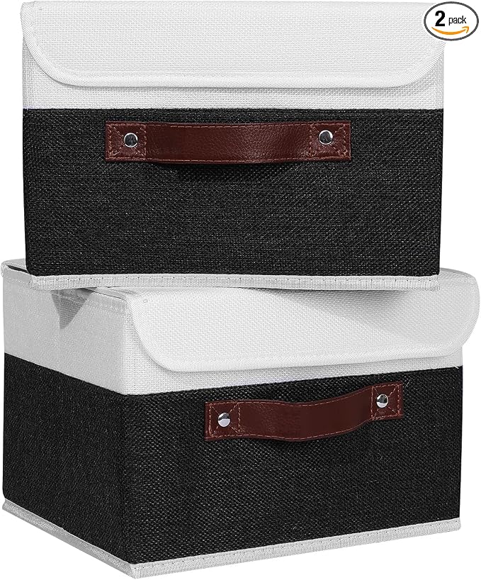 ANMINY Fabric Storage Box Bins with Lids, Black White, 10"x8"x7", 2 Pack | Keepsake Memory Storage, Cotton Linen, PP Board Reinforced, Washable, PU Handles, Foldable & Stackable, Decorative, Small