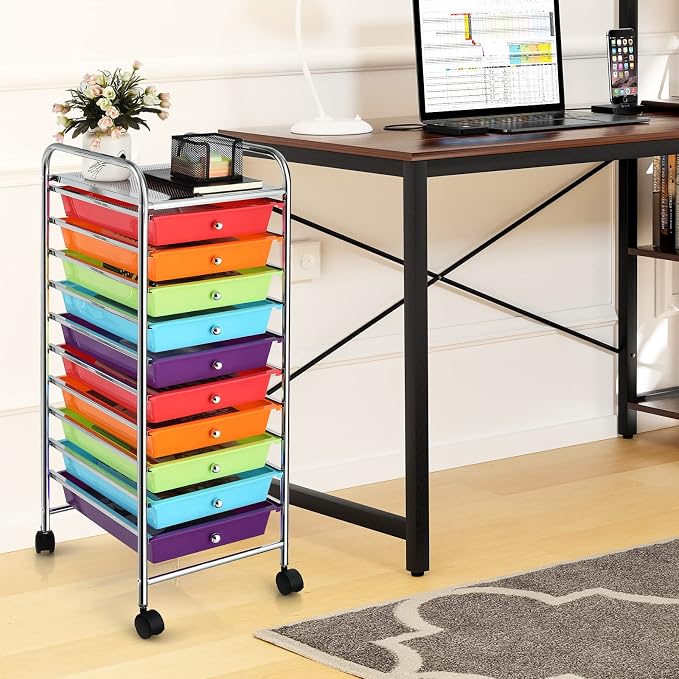 10 Drawer Rolling Storage Cart, Organization Cart with Drawers for Craft Makeup Paper Tool Art Supply, Versatile Utility Cart on Wheels for Home Office Classroom School (Multicolor)
