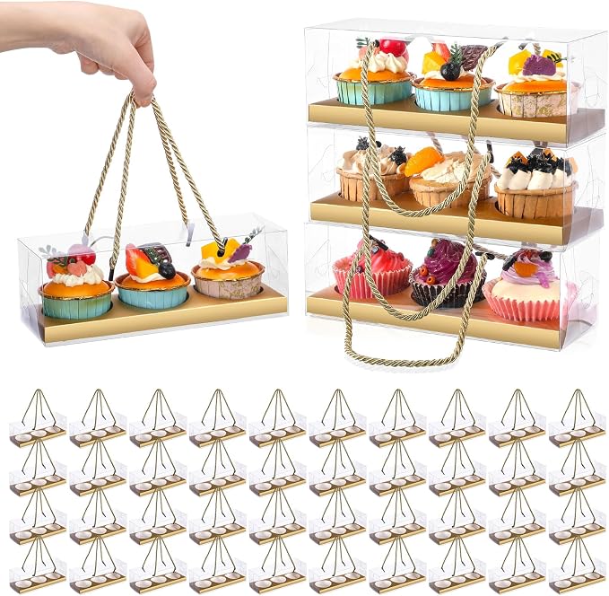 Thenshop 40 Pcs Clear Cupcake Boxes 9x3x3 in 3 Compartment Holder,Gold | Transparent Holders with Handles, Individual Pastry Display for Wedding Graduation Party Favors Cookies Treats Gifts