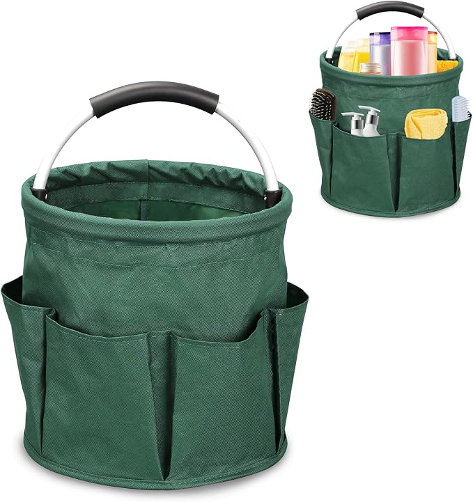 17L Portable Cleaning Bucket Organiser, 6 Pockets Foldable Cleaning Caddy with Handle Wearable Cleaning Caddy Bag for Outdoor Camping Garden Harvest Basket Home Bathroom Storage (Dark Green)