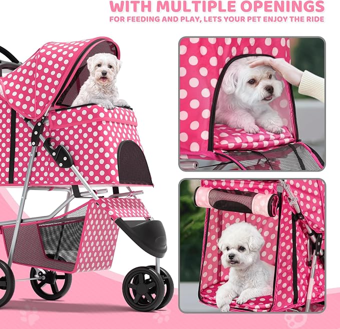 Magshion 3-Wheel Pet Stroller for Small/Medium Dogs & Cats, Up to 33lbs | Foldable Travel Jogger w/ Breathable Mesh Cover, Lightweight Design, Safety Tethers, Cup Holder & Storage Basket