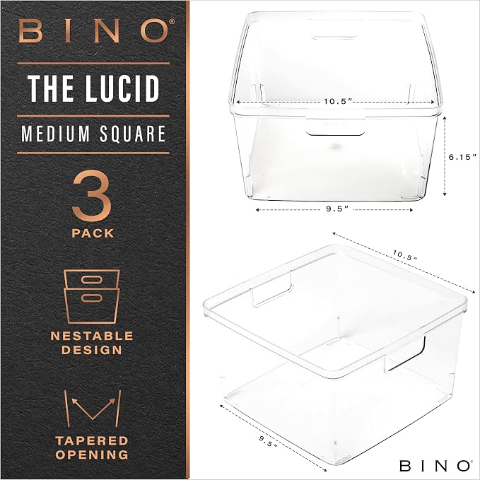 BINO | Plastic Storage Bins, Square - 3 Pack | THE LUCID COLLECTION | Multi-Use Bins | Built-In Handles | BPA-Free | Clear Containers | Fridge Organizer | Pantry & Home Organization