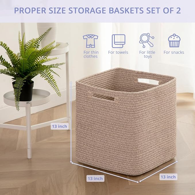 OIAHOMY 3 PACK Cube Storage Bin 13 Inch Collapsible Storage Cube Brown | Cube Storage Organizer Storage Bins for Shelves Baskets for Organizing Woven Rope Storage Baskets