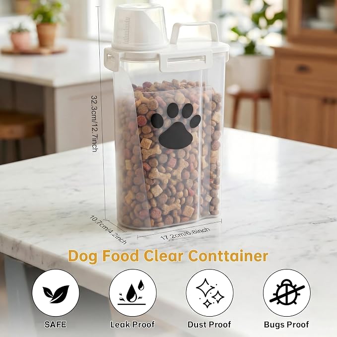 1 Pack Upgraded Dog Food Storage Container with Measuring Cup, Portable Pet Food Containers with Upgraded Large Spout and Cup for Dogs, Cats, Birds, Small Animals (Cream)
