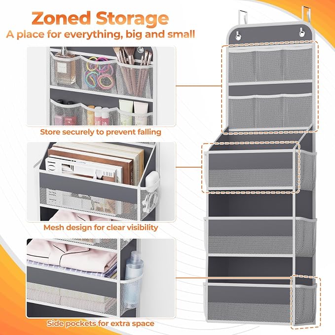 SpaceHacks 5-Tier Over the Door Organizer with Mesh Pockets, Dark Grey | 6 mesh pockets, 3 compartments, adjustable hooks, fits most doors, nursery, closet, bathroom, closet and nursery storage