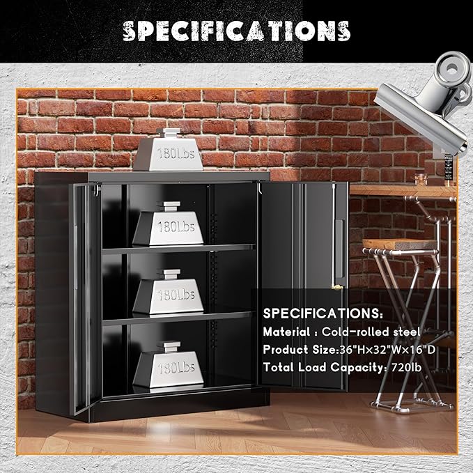 Greenvelly Metal Storage Cabinet, 36" Locking Storage Cabinet with Doors and Shelves, Lockable Storage Cabinets for Home Office, Utility Locker Cabinet, Steel Garage Cabinet with 2 Keys, Black