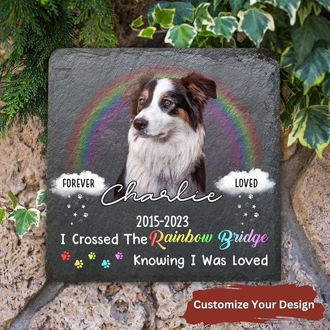 Wrappiness Pet Memorial Stone - I Crossed The Rainbow Bridge, Personalized Dog Memorial Gifts, Remembrance Condolences Bereavement Gifts for Loss of Pet Custom Photo (Square 04, Stone)