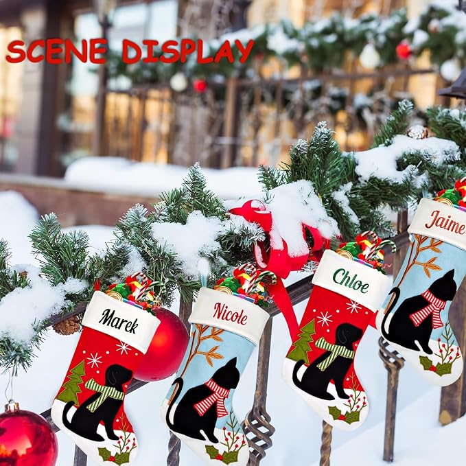 Personalized Christmas Stockings for Dogs Cats, Custom Pet Christmas Stockings with Embroidered Name, Red Blue Dogs Cat Xmas Stockings for Holiday Decoration (4 Pcs)