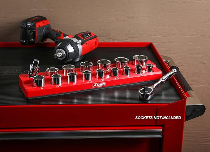 ARES 70236 16-Pc 1/2-In SAE Magnetic Socket Organizer | Part No. 70236; Holds 15 Sockets and 1 Socket Adapter; Keeps Your Tool Box Organized