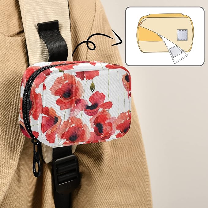 Watercolor Poppy Flowers Pill Box 7 Day Pill Case Travel Pill Organizer Bag with Zipper Portable Weekly Case Compact Size for Vitamin Supplement Holder