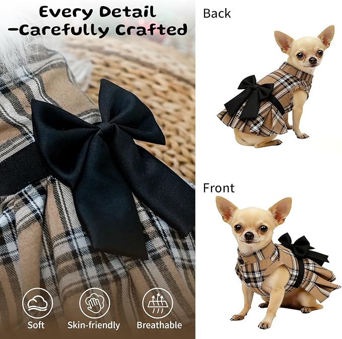 Classic Plaid Dog Dress with Bow Tie for Small Dogs Cats Girls, Cute Puppy Dresses Clothes with Bowknot Chihuahua French Bulldog Pet Apparel Outfits (Chestnut Brown, XX-Small)