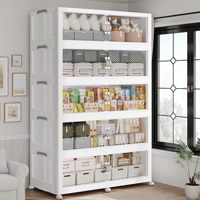 300GAL Plastic Storage Bins with Lid, 1200QT Extra Large Stackable Closet Organizers and Storage, Collapsible Storage Boxes with Wheels, Folding Cabinet for Home Kitchen Office, 5Pack White