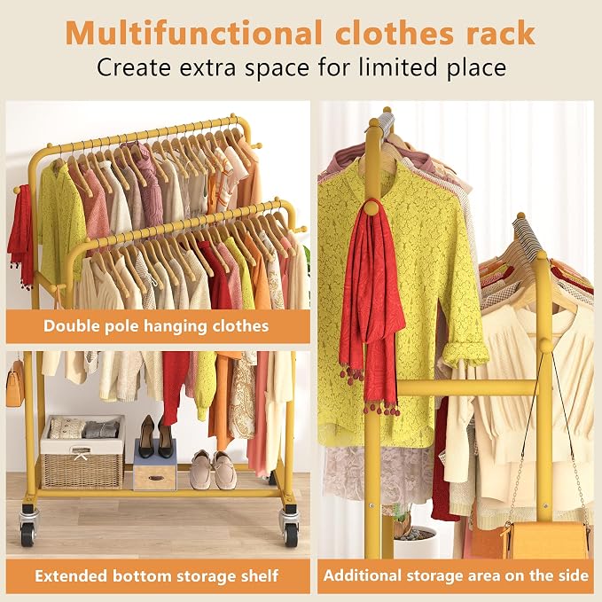 Laiensia Double Rods Garment Rack with Wheels, Clothing Rack for Hanging Clothes,4 Hooks, Multi-functional Bedroom Clothes Rack, Gold
