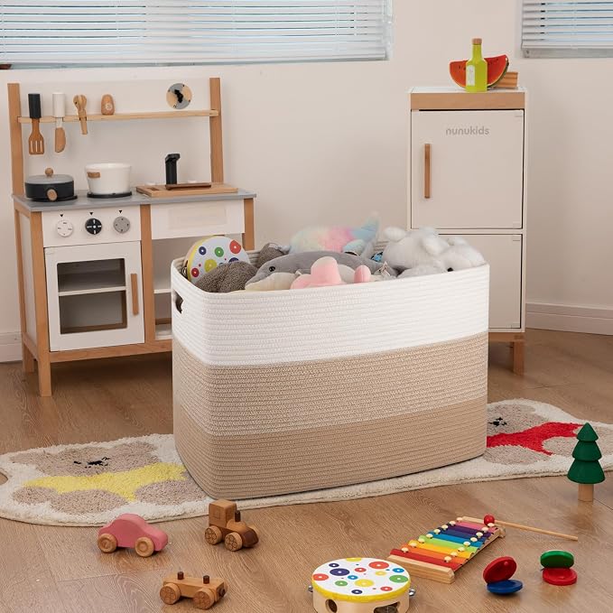 OIAHOMY 108L Extra Large Blanket Basket Dog Toy Basket Light Brown | Rectangle Woven Baskets for Storage Cotton Rope Basket For Living Room Toy Storage Blanket Storage Laundry Basket