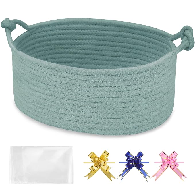 Small Empty Gift Basket with Bag & Ribbons, Light Green | 12“x8”x5”, Cotton Rope Woven Basket for Birthdays, Baby Showers, Mother's Day, Christmas; Stores Small Items, Kids & Pet Toys