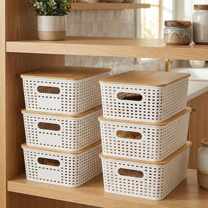 Plastic Storage Bins with Bamboo Lids, 6 Pack Stackable Kitchen Organizer Containers with Natural Bamboo Lids, Rectangular, Coffee Tea Snacks Grains Pasta Labels (Kitchen Pantry Set)